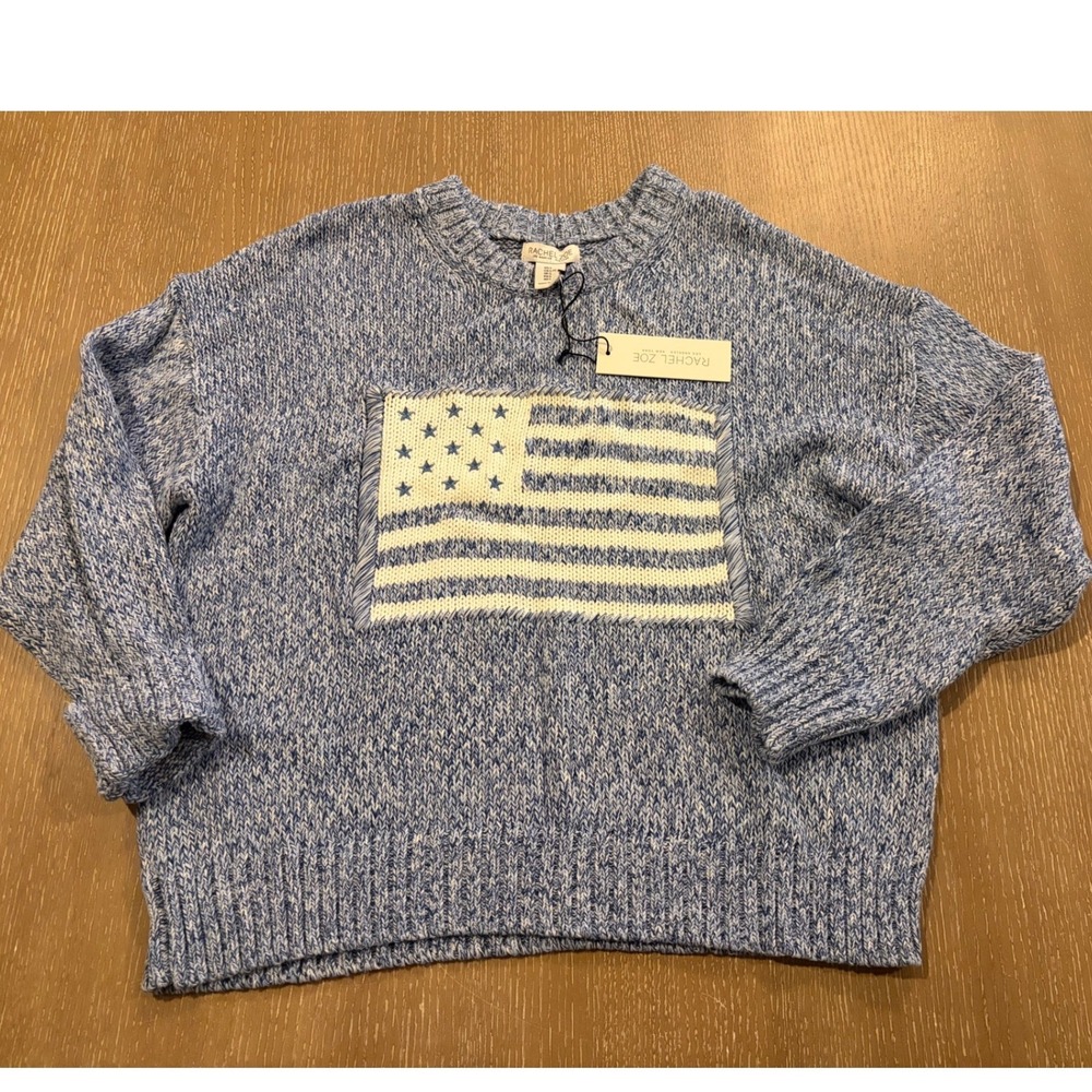 Rachel Zoe Women's L Blue White Marled Cotton Knit American Flag Sweater NWT
